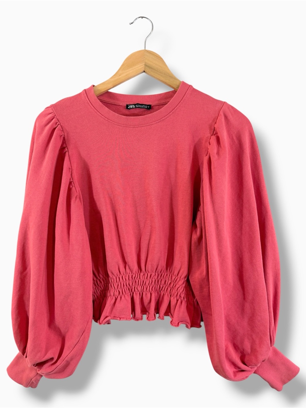 Zara Balloon Puff Sleeve Sweater Size S Faded Reddish Pink Casual Cotton Spring
